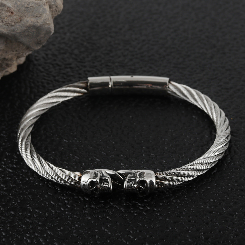 Titanium Steel Double Skull Bracelet for Men - Trendy Fashion Statement from Europe and the USA