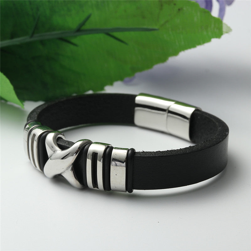 Titanium Steel Hollow X-Shaped Punk Leather Bracelet for Men - Woven Skull Design