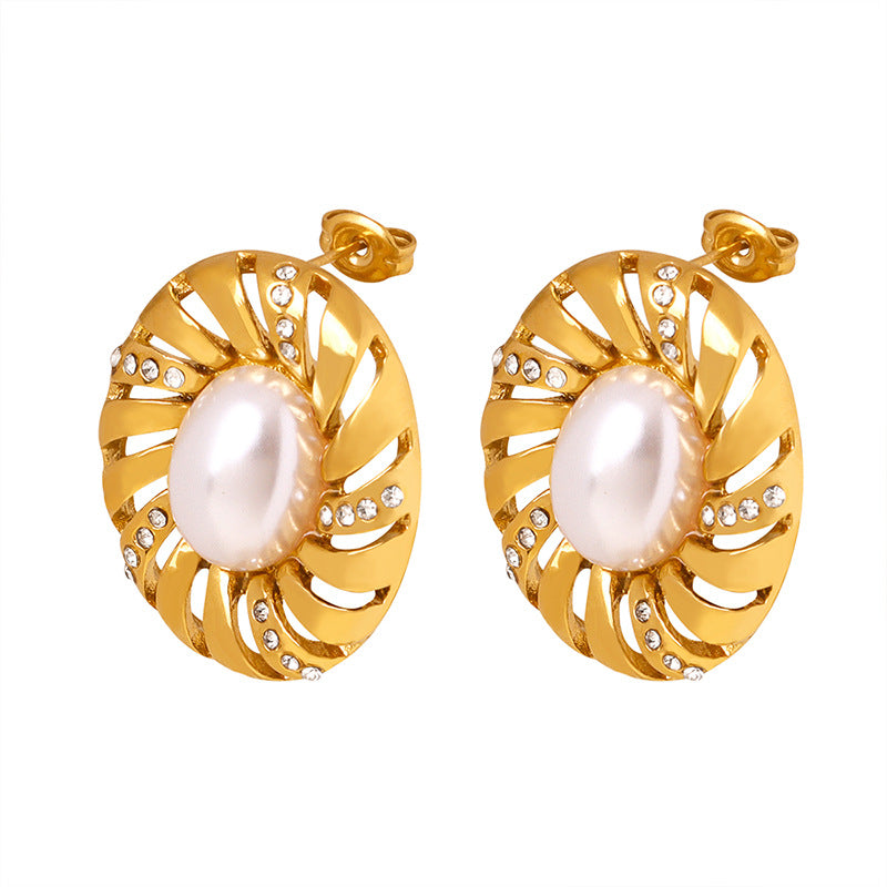 Icy Chic Geometric Spiral Earrings with Hollow Design and Pearl Inlay