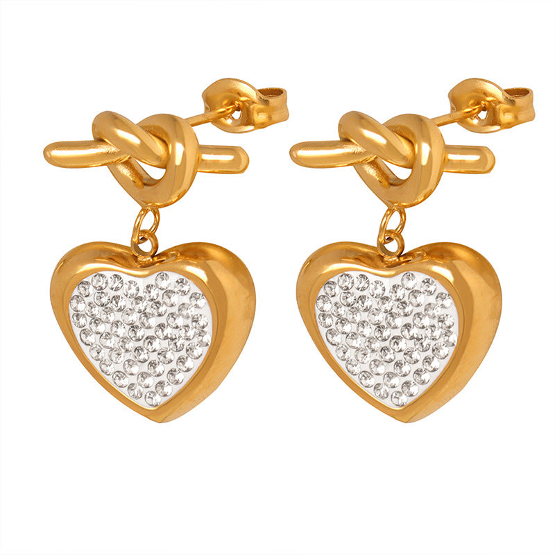 Three-dimensional Love Titanium Steel Earrings with Zircon Studs