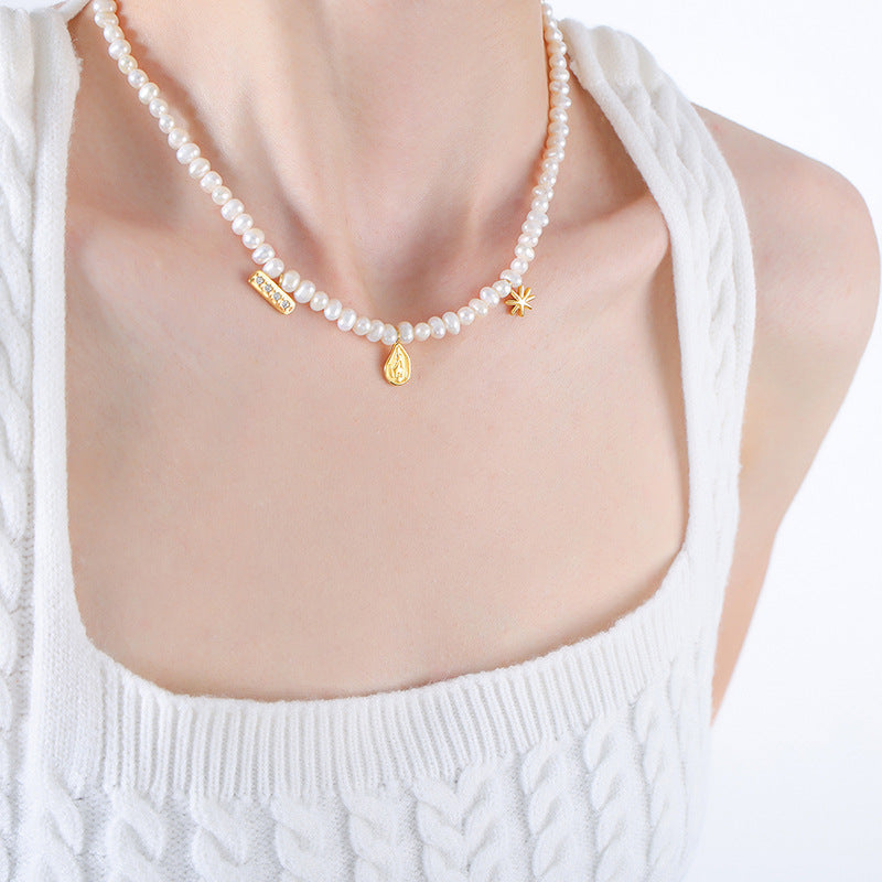 Baroque Pearl Lace Necklace with Geometric Pendant - Elegant Clavicle Chain Jewelry for Women
