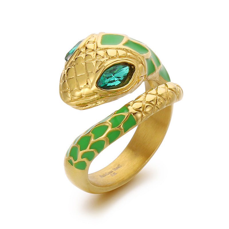 Stylish Green Eye Snake Ring for Men - Trendy Simian-Inspired Titanium Steel Design