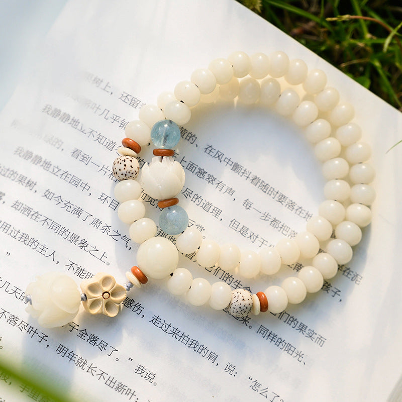 Ethnic Style Natural White Jade Hand Bracelet with Double Circle Design