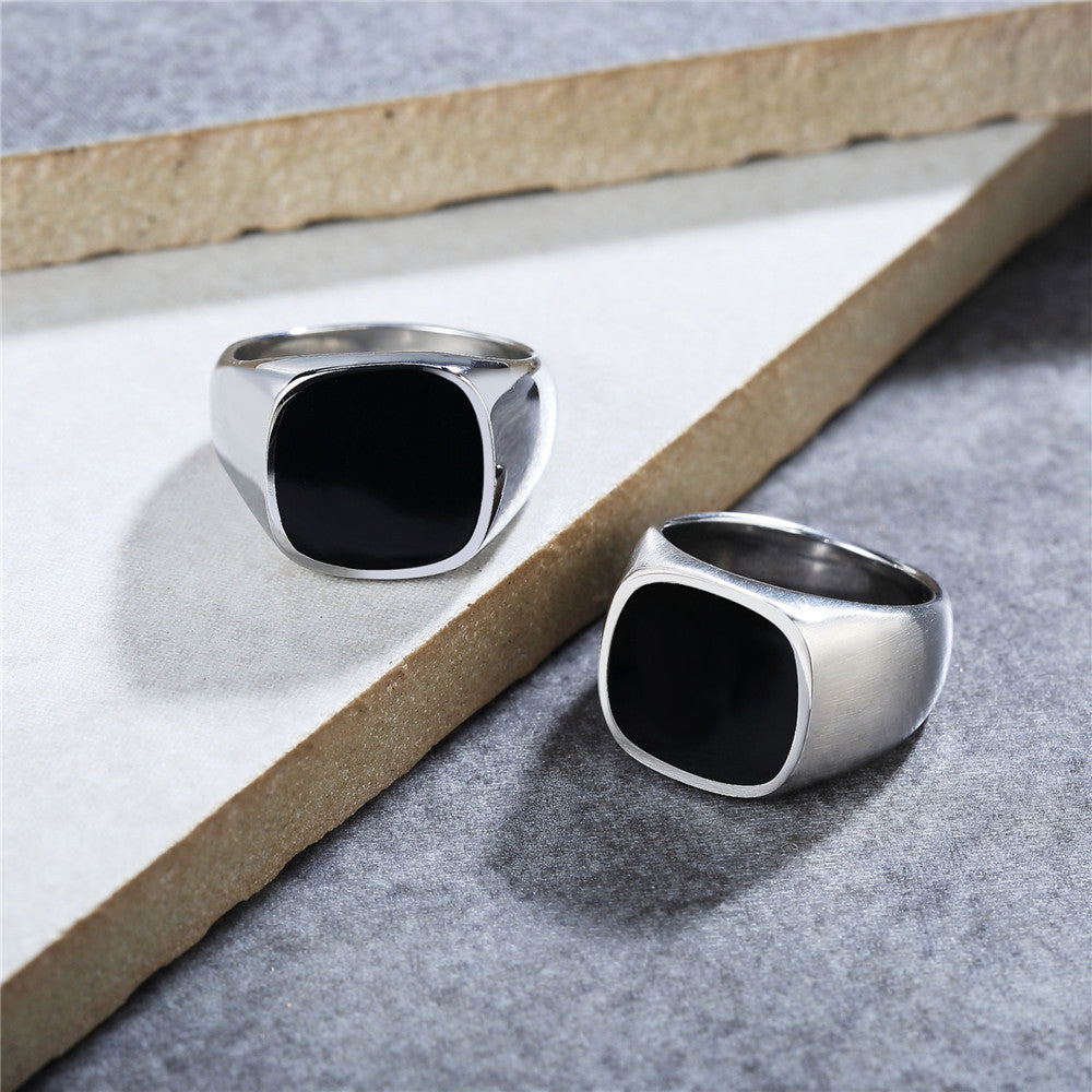 Men's Titanium Steel Ring with Simple Black Drop Oil Design