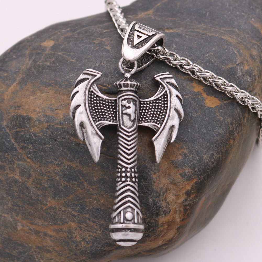 Norse Legacy Metal Necklace with Viking Odin Hammer Pendant - Battle Axe Design