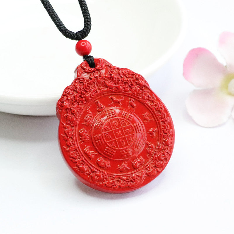 Nine Palace Eight Diagrams Cinnabar Red Sand Sterling Silver Pendant