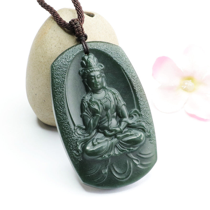 Blackish Green Natural Hotan Jade Bodhisattva Necklace