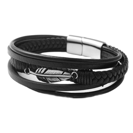 Titanium Steel Woven Feather Leather Bracelet for Men - Personalized Punk Style Accessory