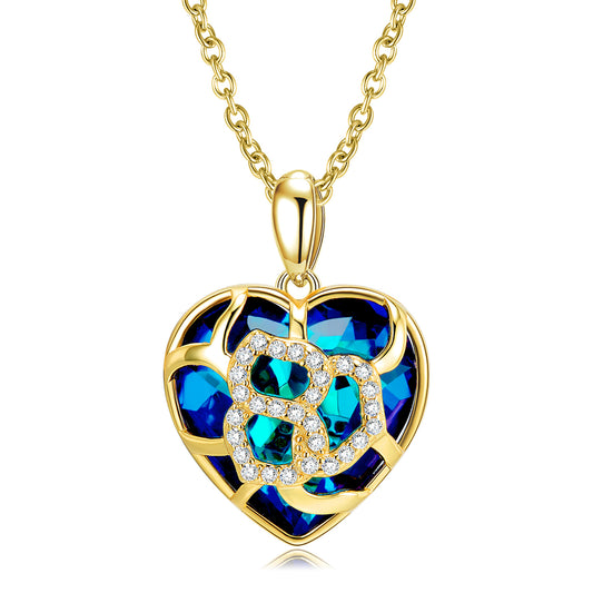 Hollow Pattern Heart Shape Pendant Blue Zircon Silver Necklace