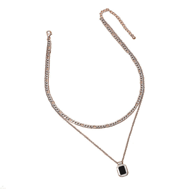 Chic Black Square Chain Necklace with Double-Layer Design