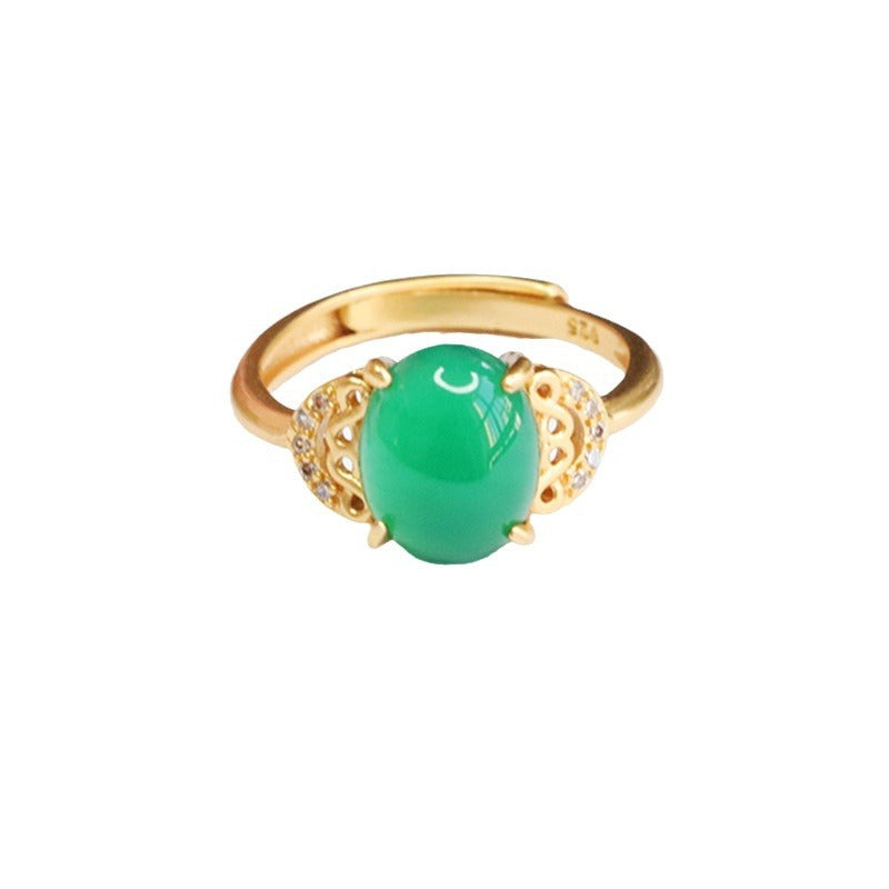 Ethnic Style Hollow Ruyi Ring with Green Chalcedony Zircon Ice Emperor Touch