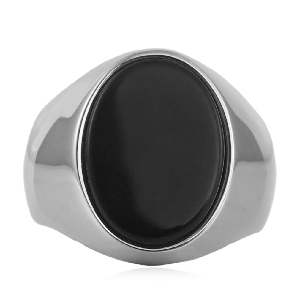 Trendy Unisex Titanium Steel Oval Stone Ring - Vintage Punk Style for Men and Women