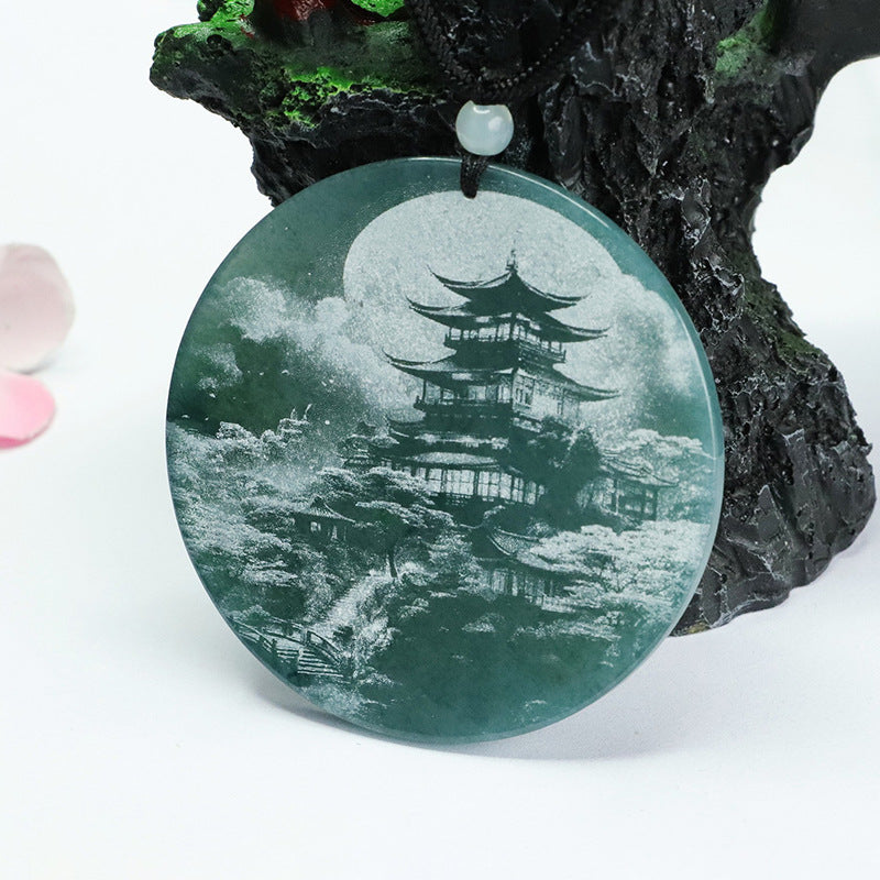 Round Natural Jade Pendant with Blue Green Shadow Landscape Carving