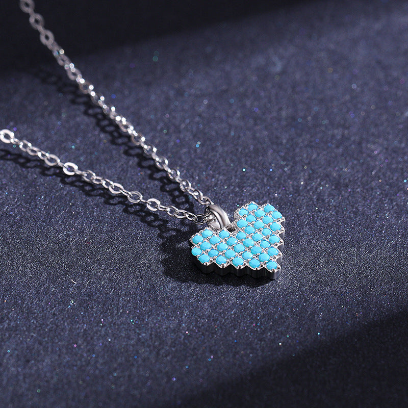 Elegant Heart-shaped Turquoise and Zircon Silver Necklace