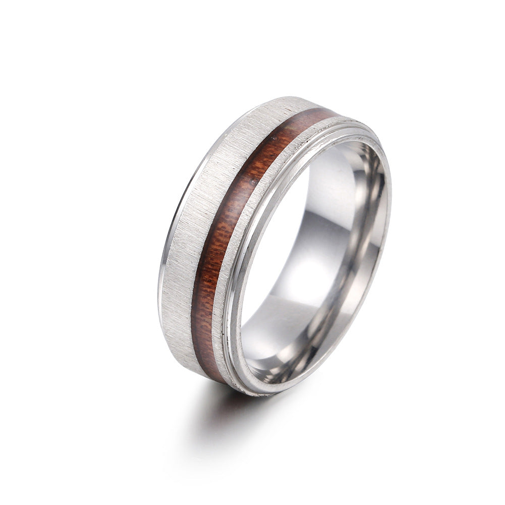 European Style Titanium Steel Ring with Wood Grain Detail - Men's Fashion Ring