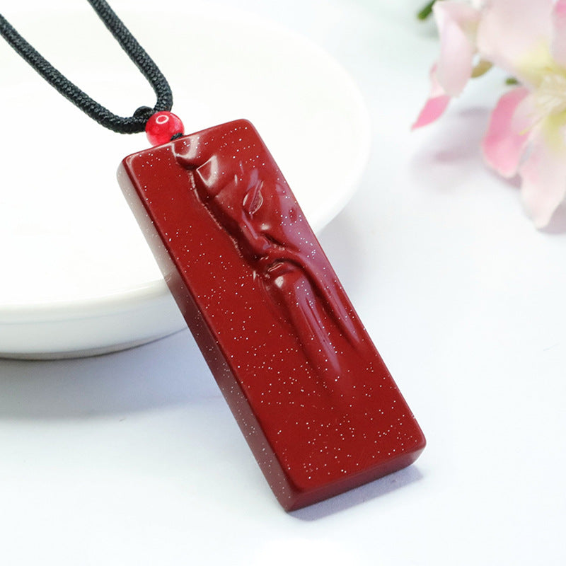 Purple Gold Sand Cinnabar Guanyu Rectangle Pendant with Sterling Silver