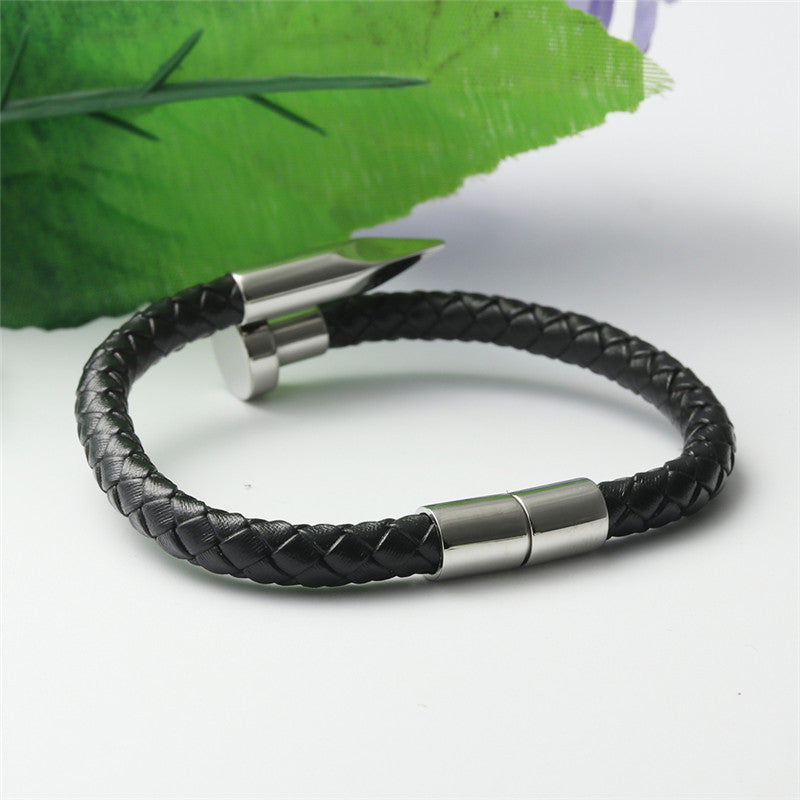 Punk-Inspired Titanium Steel Round Nail Bracelet for Men and Women - Stylish Woven Leather Accessory