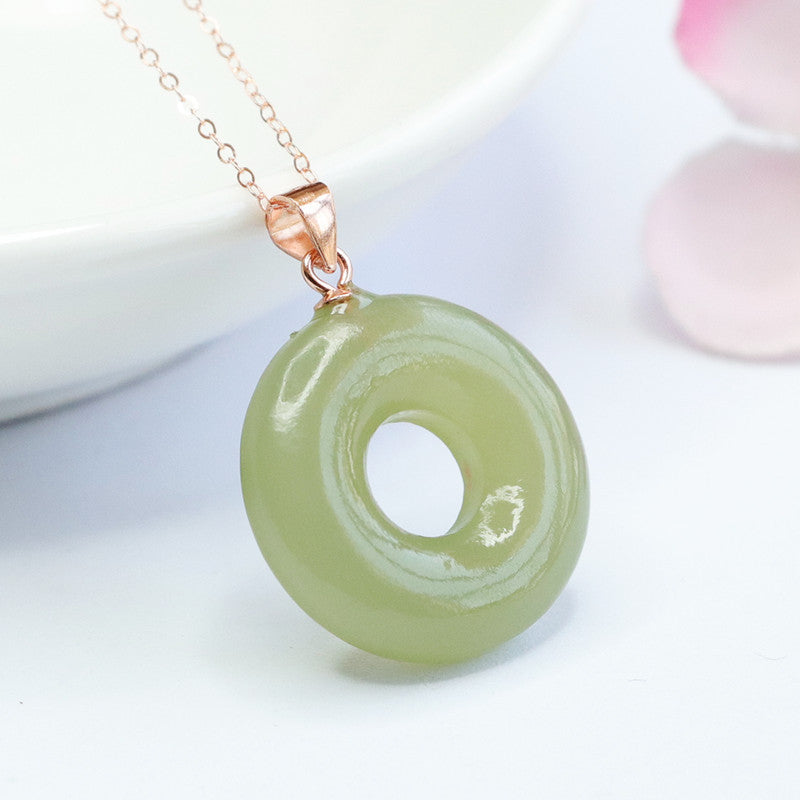 Natural Hetian Jade Lake Green Jade Sterling Silver Necklace with Hollow Circle