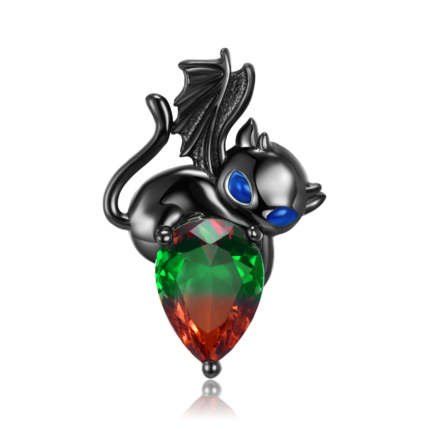 Black Evil Kitten Colourful Pear Shape Zircon Silver Necklace