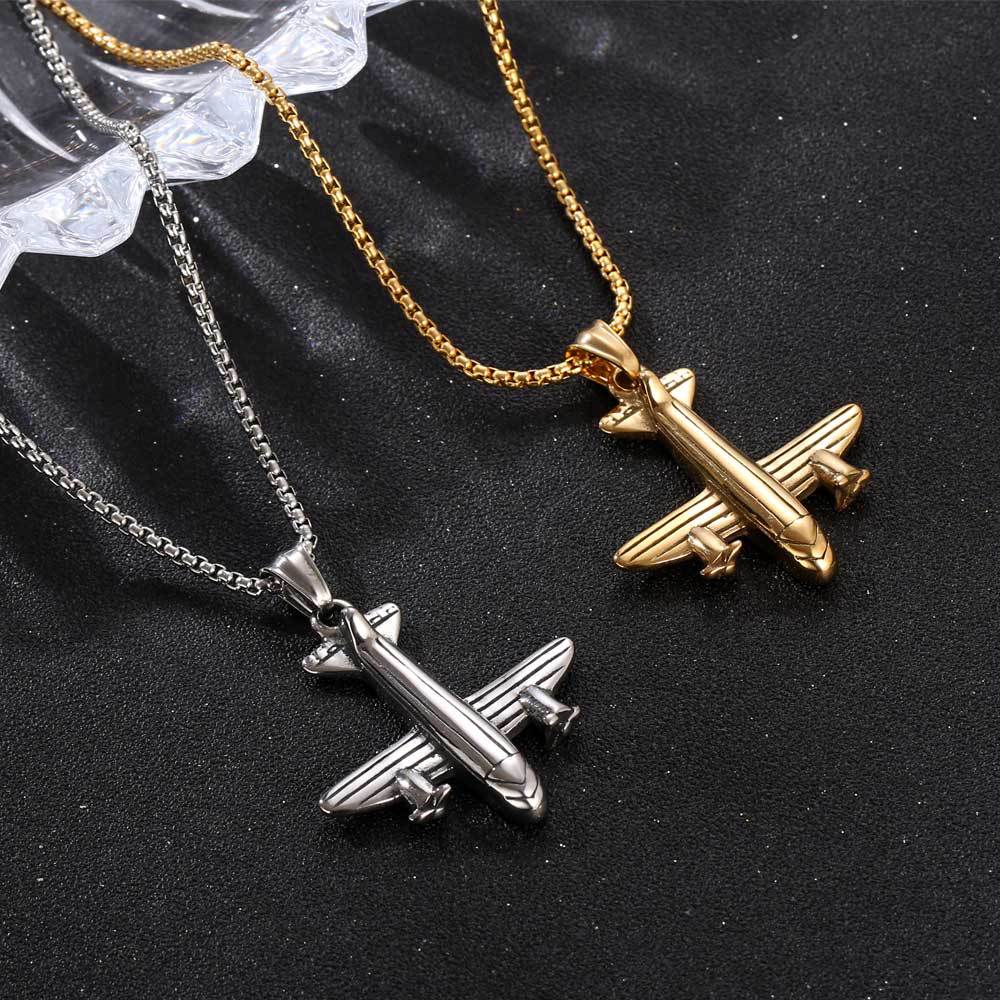 Personalized Aircraft Pendant Necklace - Trendy Two-Tone Stainless Steel Chain for Hip-Hop Lovers