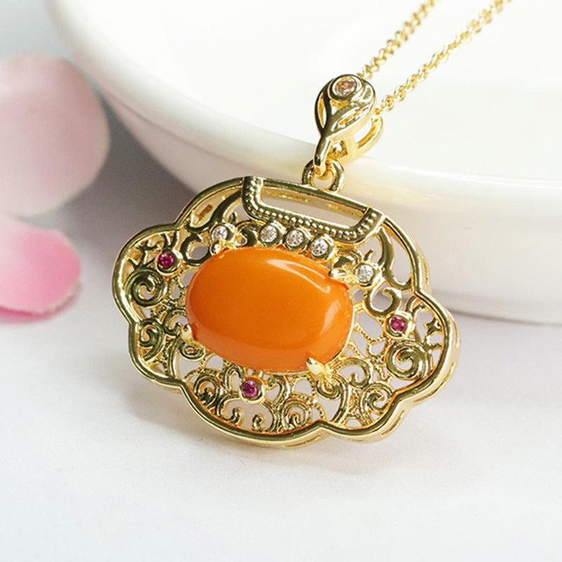 Golden Ruyi Beeswax Amber Pendant in Sterling Silver