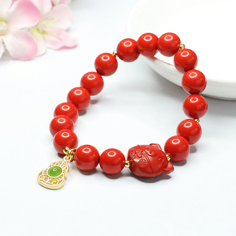 Red Cinnabar and Jade Gourd Zodiac Pig Bracelet