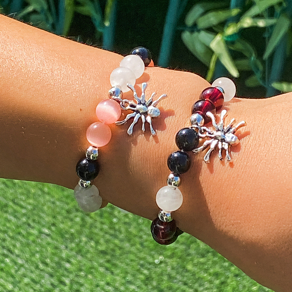 National Style Agate Beaded Bracelet Set with Halloween Spider Pendant for Women