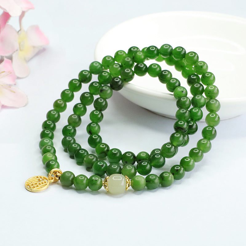 Natural Hetian Jade and Russian Jasper Sterling Silver Bracelet