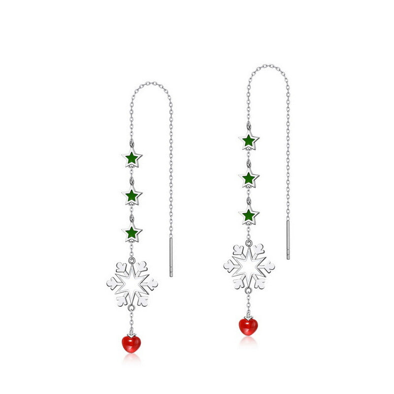 Christmas Snowflake Red Agate Ear Line Sterling Silver Earrings