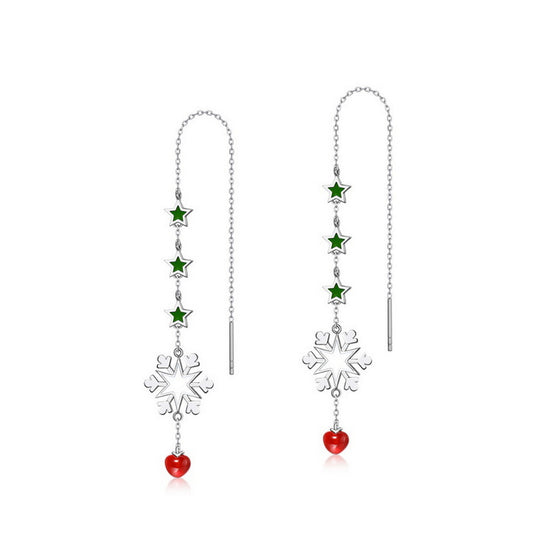 Christmas Snowflake Red Agate Ear Line Sterling Silver Earrings