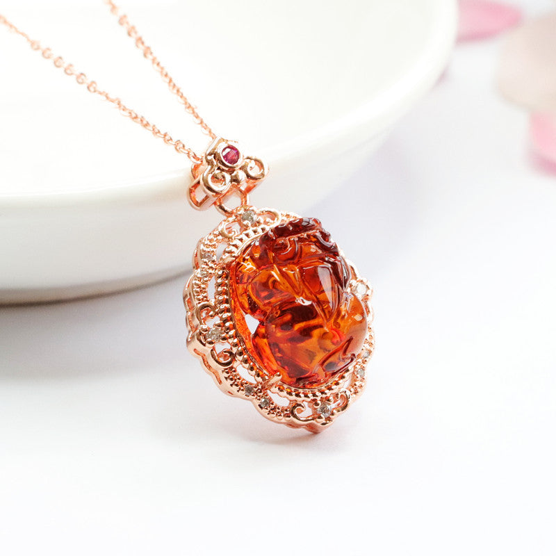 Blood Amber Pixiu Pendant Necklace Jewelry in Rose Gold