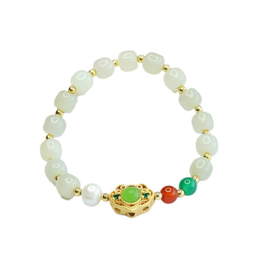 Fortune's Favor Sterling Silver Bracelet with Jade, Pearl, and Chalcedony Gems