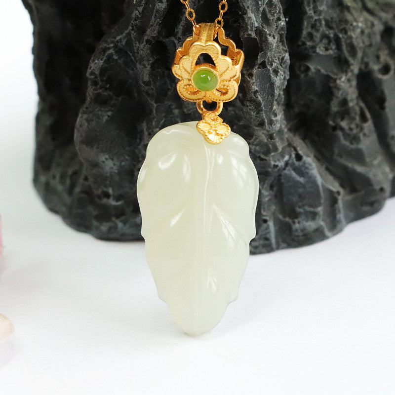 S925 Silver Natural Hetian Jade Pendant White Jade Leaf Necklace