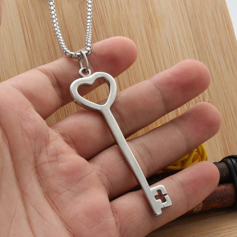 Personalized Titanium Steel Heart Key Pendant Necklace - Retro Punk Style for Men and Women