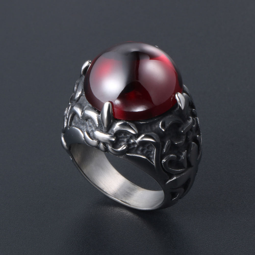 Retro Elegant Titanium Steel Red and Black Gemstone Flower Couple Ring, Custom Trendy Men's Band