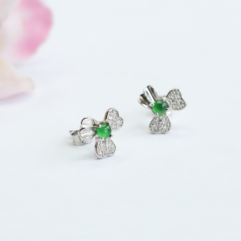 Elegant Sterling Silver Green Jade Floral Stud Earrings