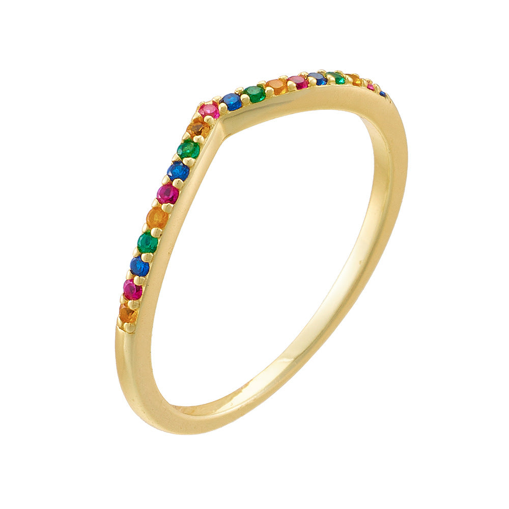 Colourful Zircon V Shape Slim Sterling Silver Ring