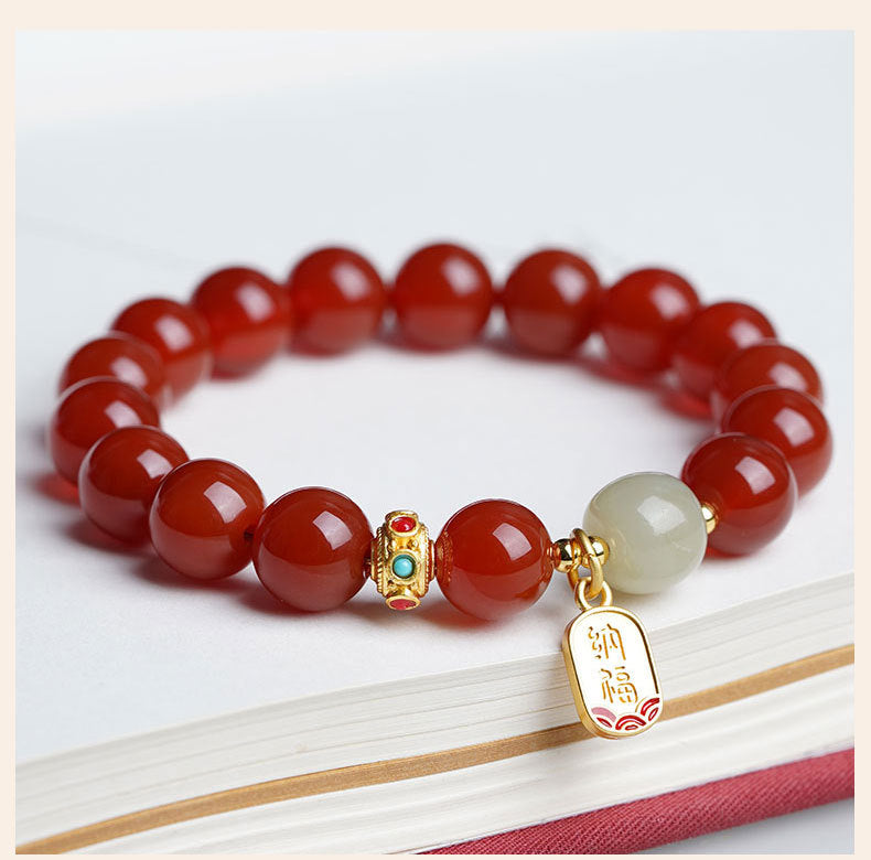 Ancient Style Sterling Silver Red Agate and Hetian Jade Bracelet