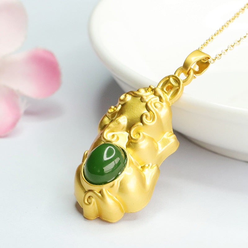 Golden Pixiu Fortune Pendant with Hetian Jade Oval Jasper - Sterling Silver Jewelry