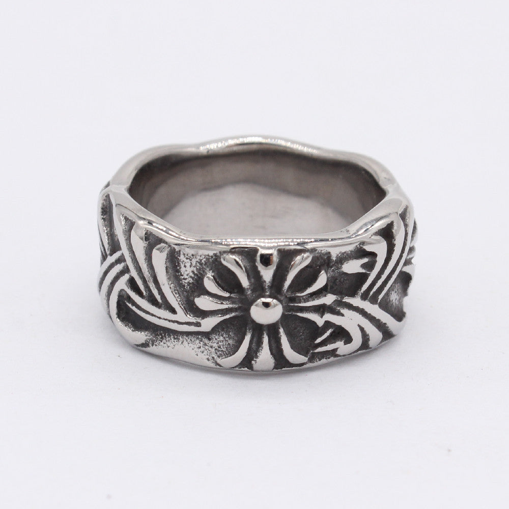 Cross Flower Wavy Titanium Steel Ring for Men