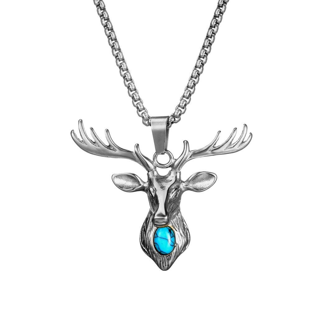 Turquoise Deer Head Pendant Necklace - Stylish Stainless Steel Accessory for Him and Her