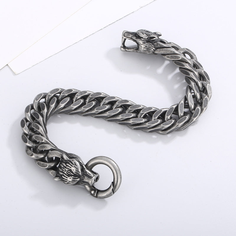 Punk-Inspired Stainless Steel Wolf Head Bracelet for Men - European and American Trend Design