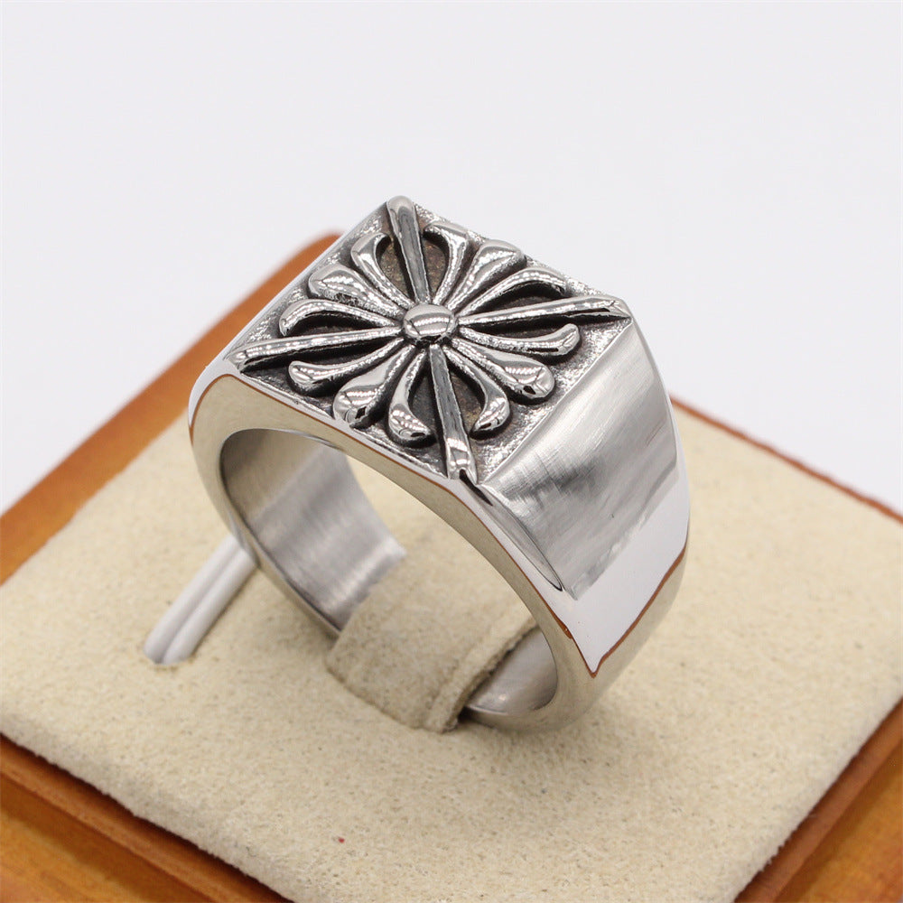 Cross Flower Square Titanium Steel Ring for Men