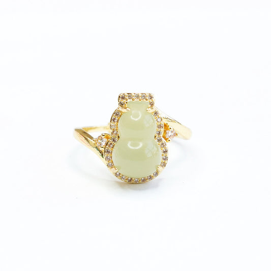 Elegant Hotan Jade Gourd Zircon Ring Jewelry