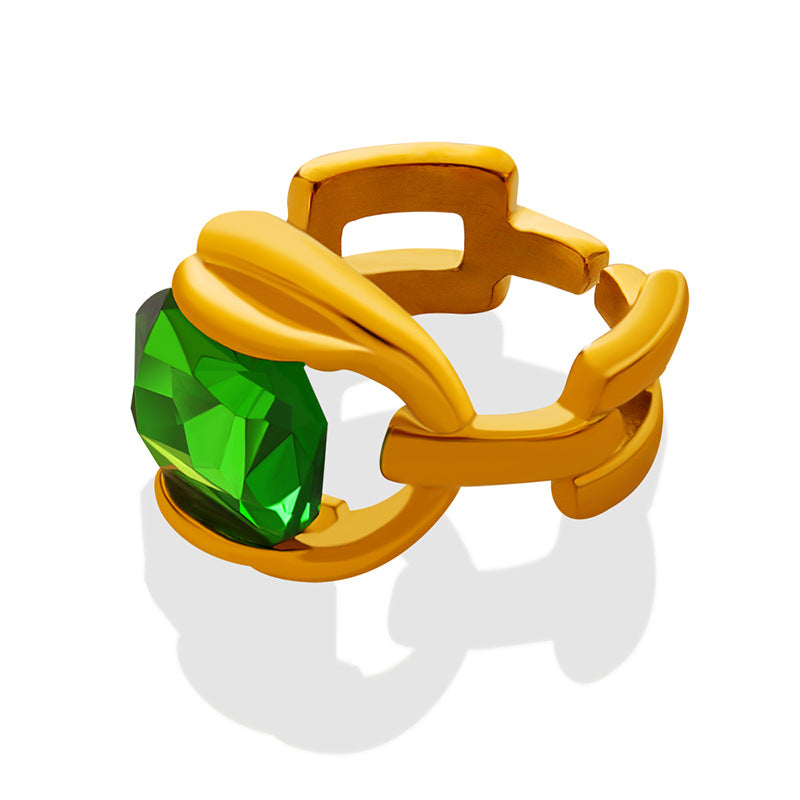 Exquisite Emerald Green Stone Gold-Plated Ring - Women's Vintage Titanium Steel Jewelry