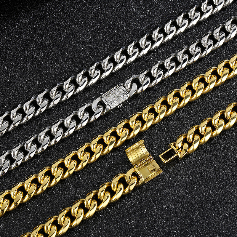 Stylish CNC Zircon-Studded Flip Buckle Titanium Steel Cuban Chain Necklace for Men