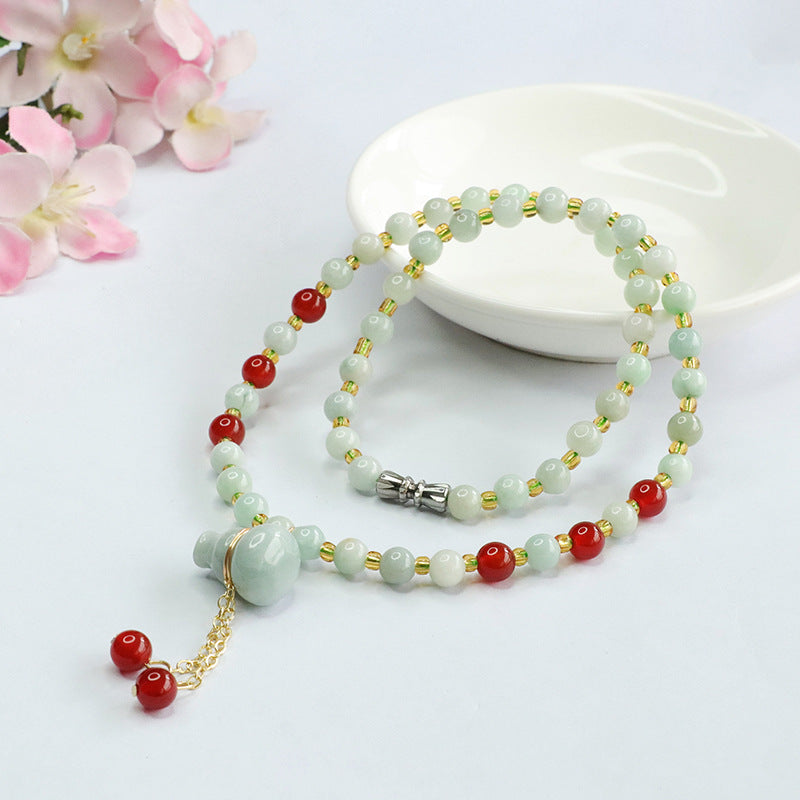 Natural Jade Necklace Jade Gourd Lifting Red Agate Bead Chain