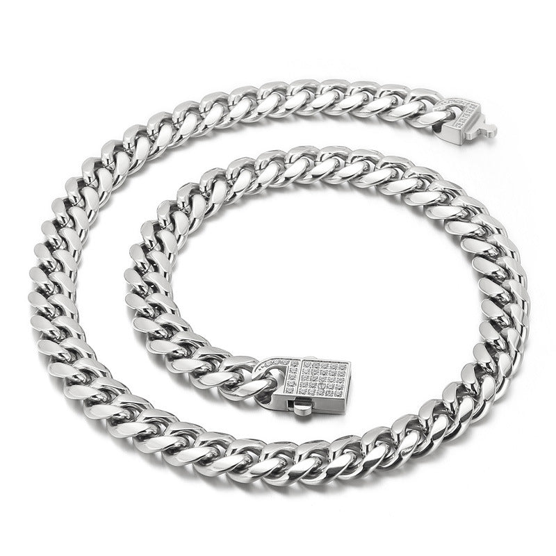 Personalized Titanium Steel Cuban Chain Jewelry for Men - Zircon-Encrusted Bracelet and Necklace Set