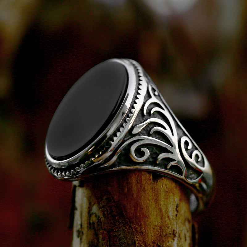 Retro Titanium Steel Engraved Black Agate Ring for Men - Wholesale Fashion Jewelry for Europe and the USA