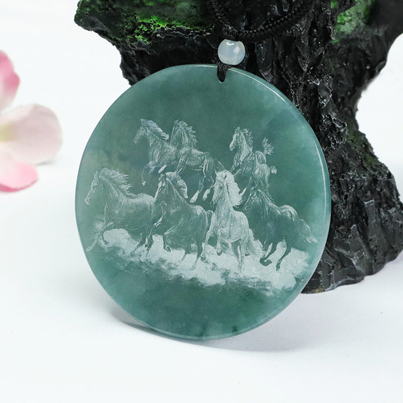 Jade Horse Zodiac Pendant with Eight Horses Carving in Blue Green Shadow